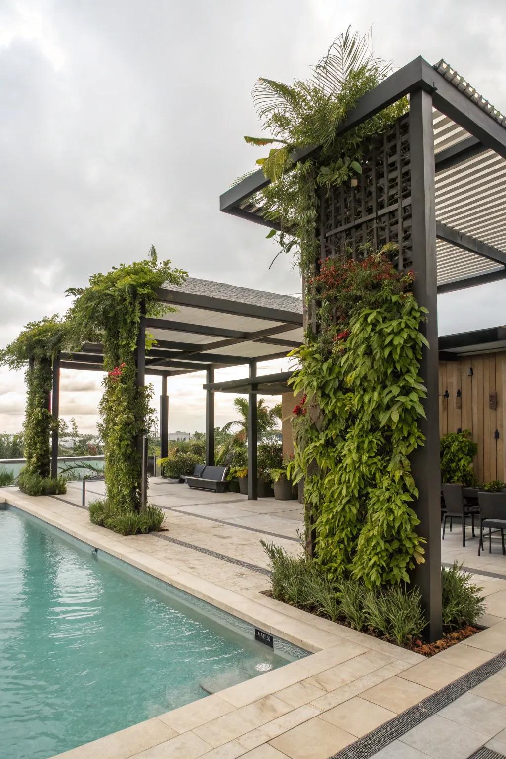 Vertical gardens add greenery and cooling benefits to poolside shade.