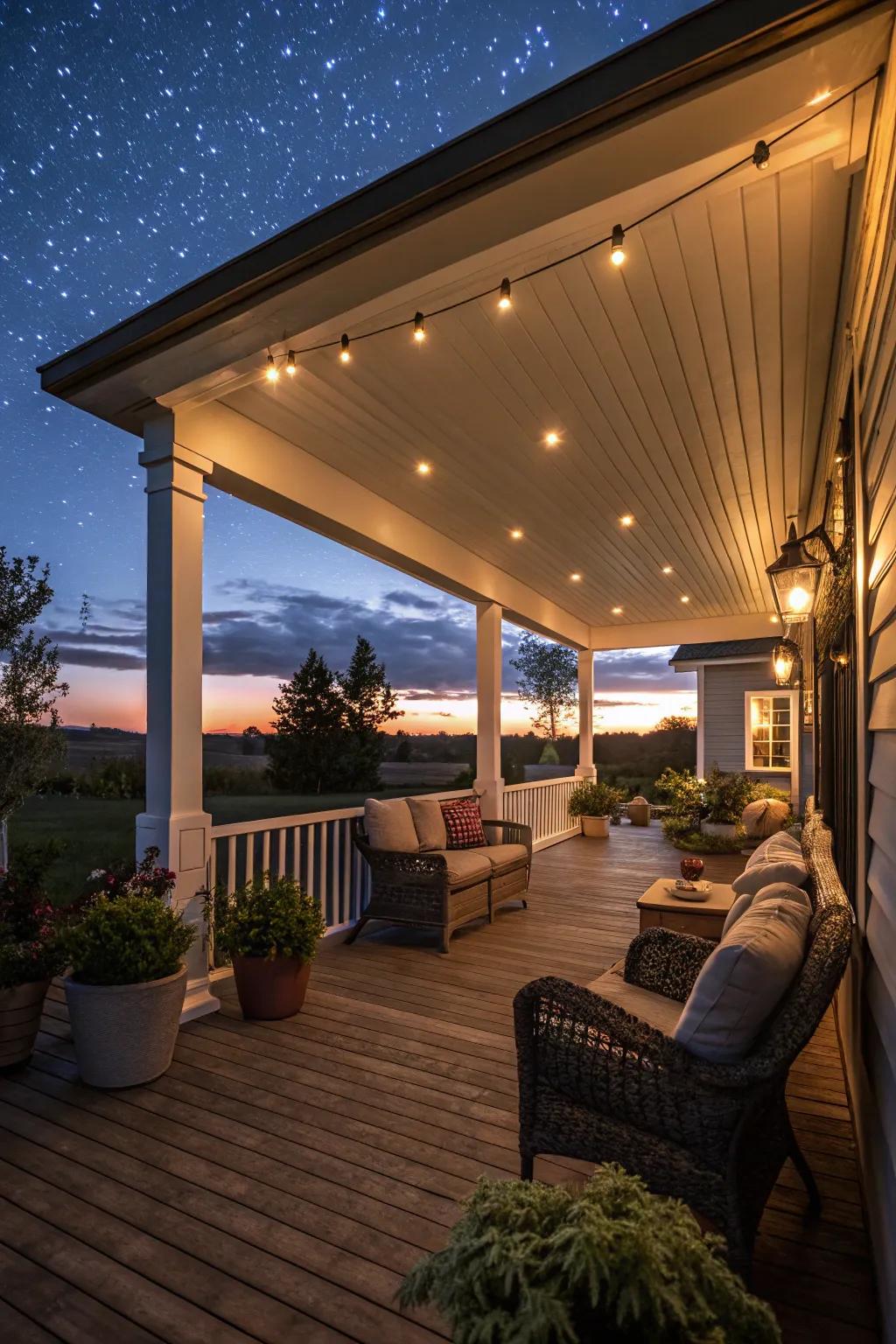 Set the mood with integrated lighting in your porch roof.