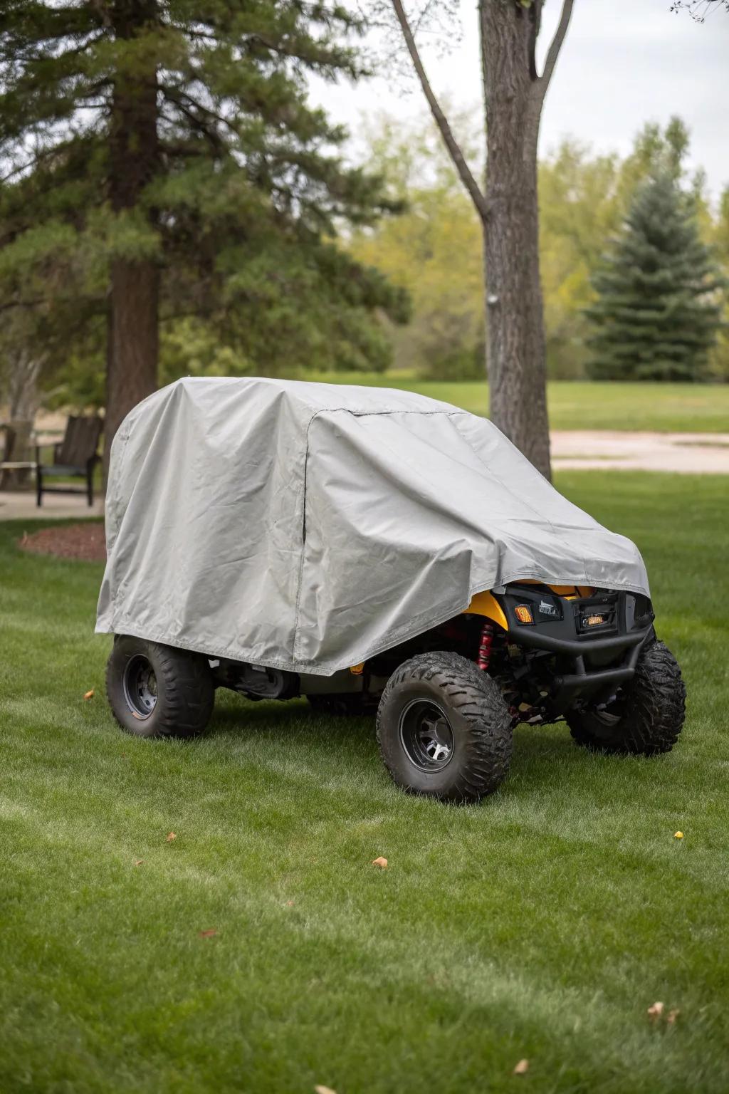 Custom-fit covers protecting outdoor-stored power wheels.