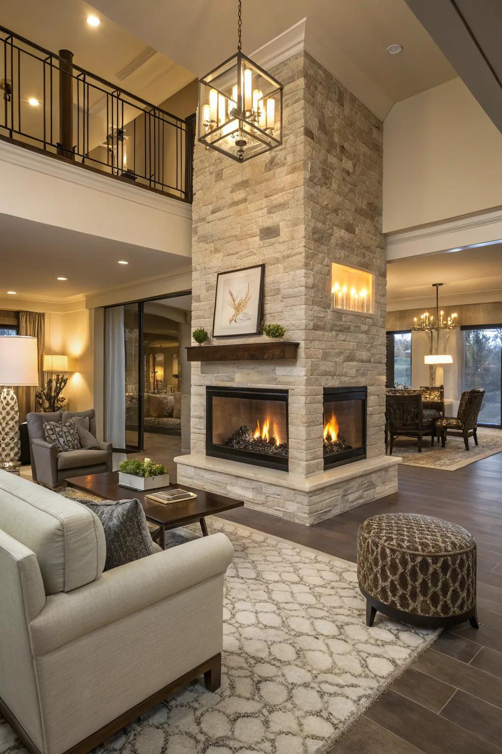 An open-plan space featuring a two-sided propane fireplace.