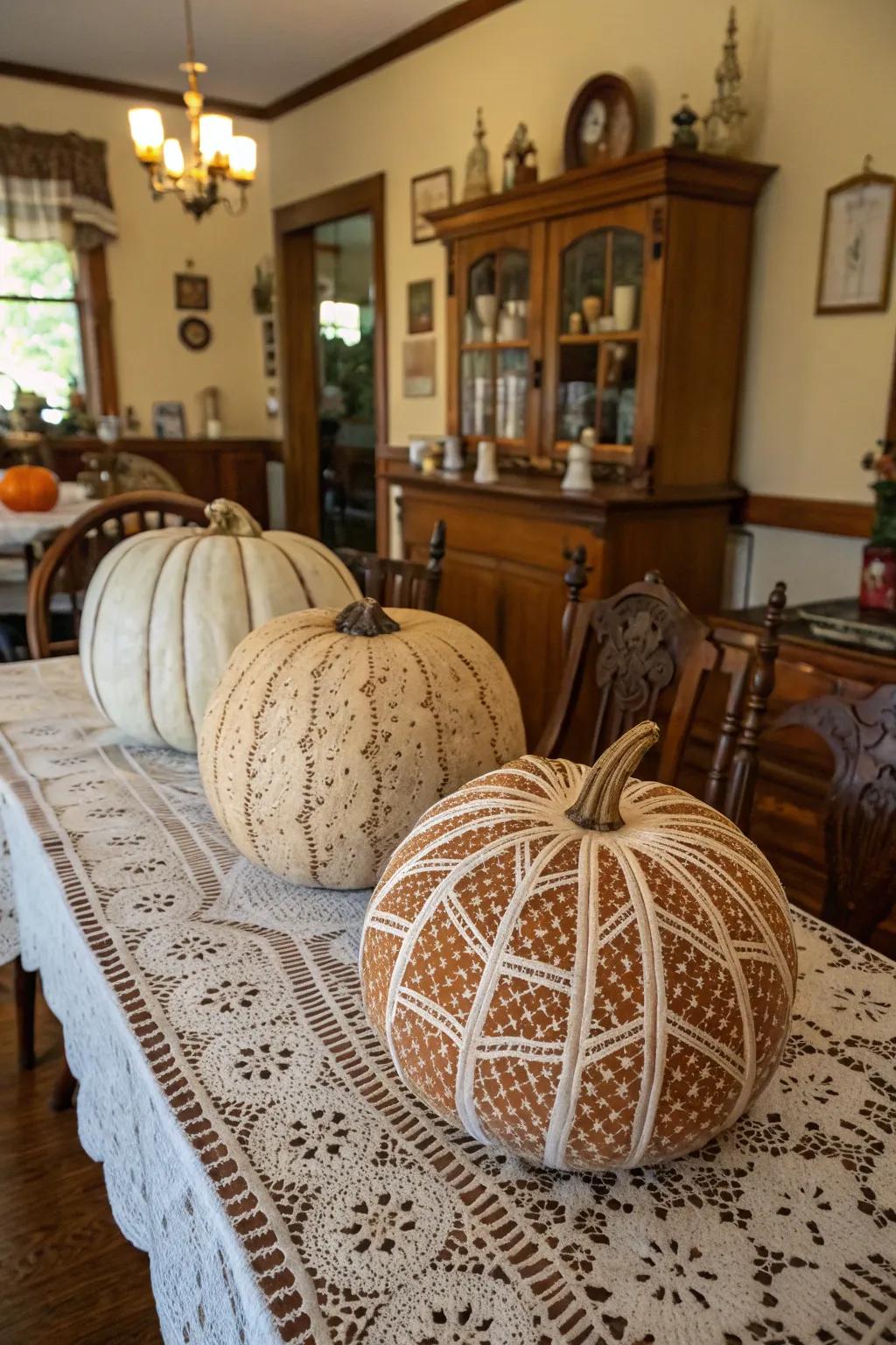 Add a touch of class with elegant lace pattern pumpkins.