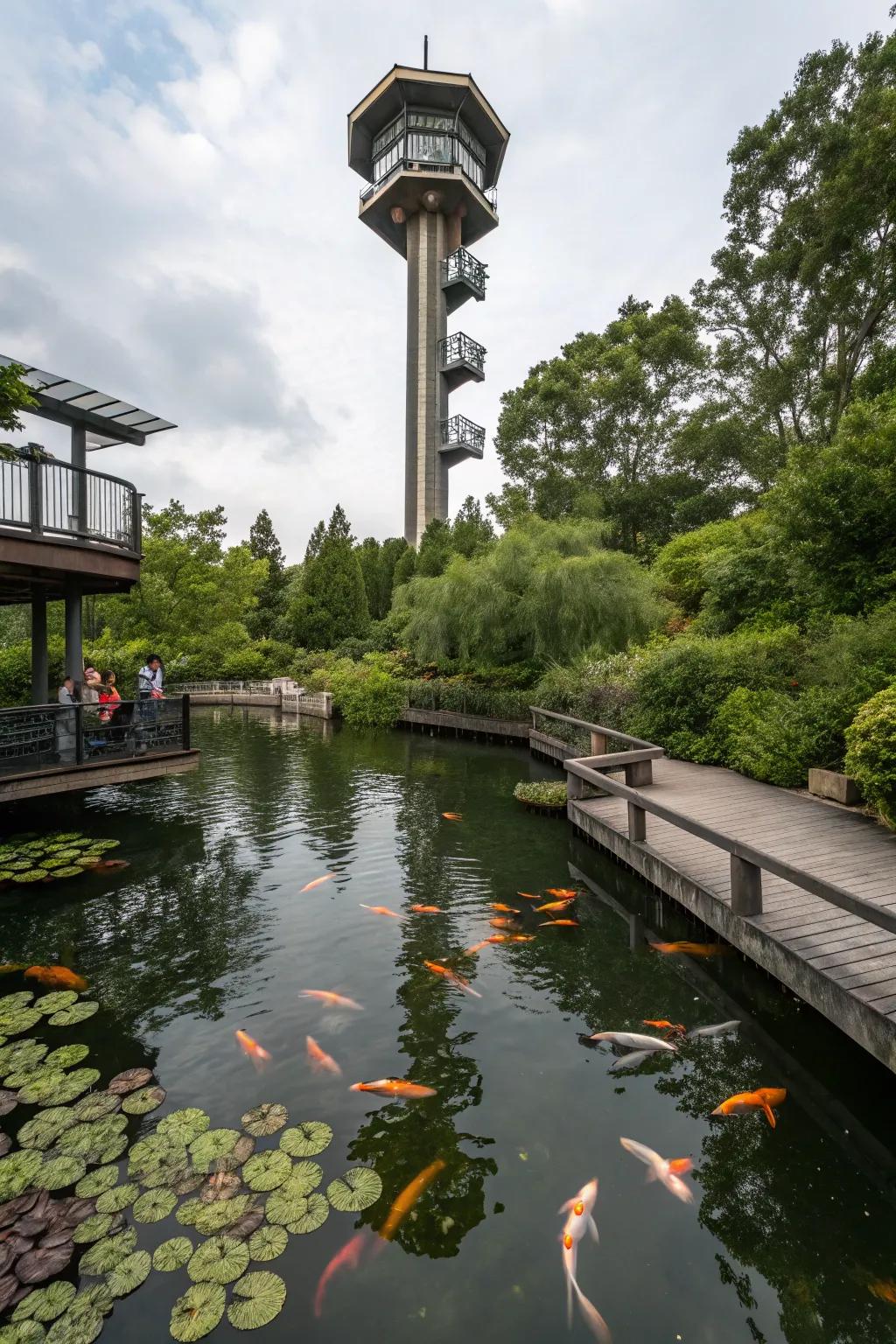 A whimsical observation tower for koi pond viewing.