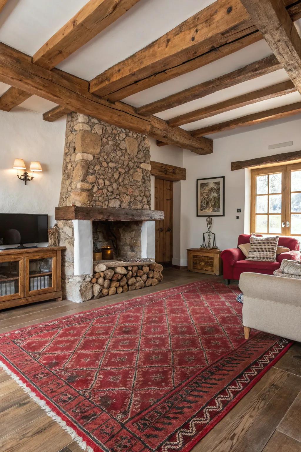 Rustic charm shines through with a cozy red carpet and wood tones.