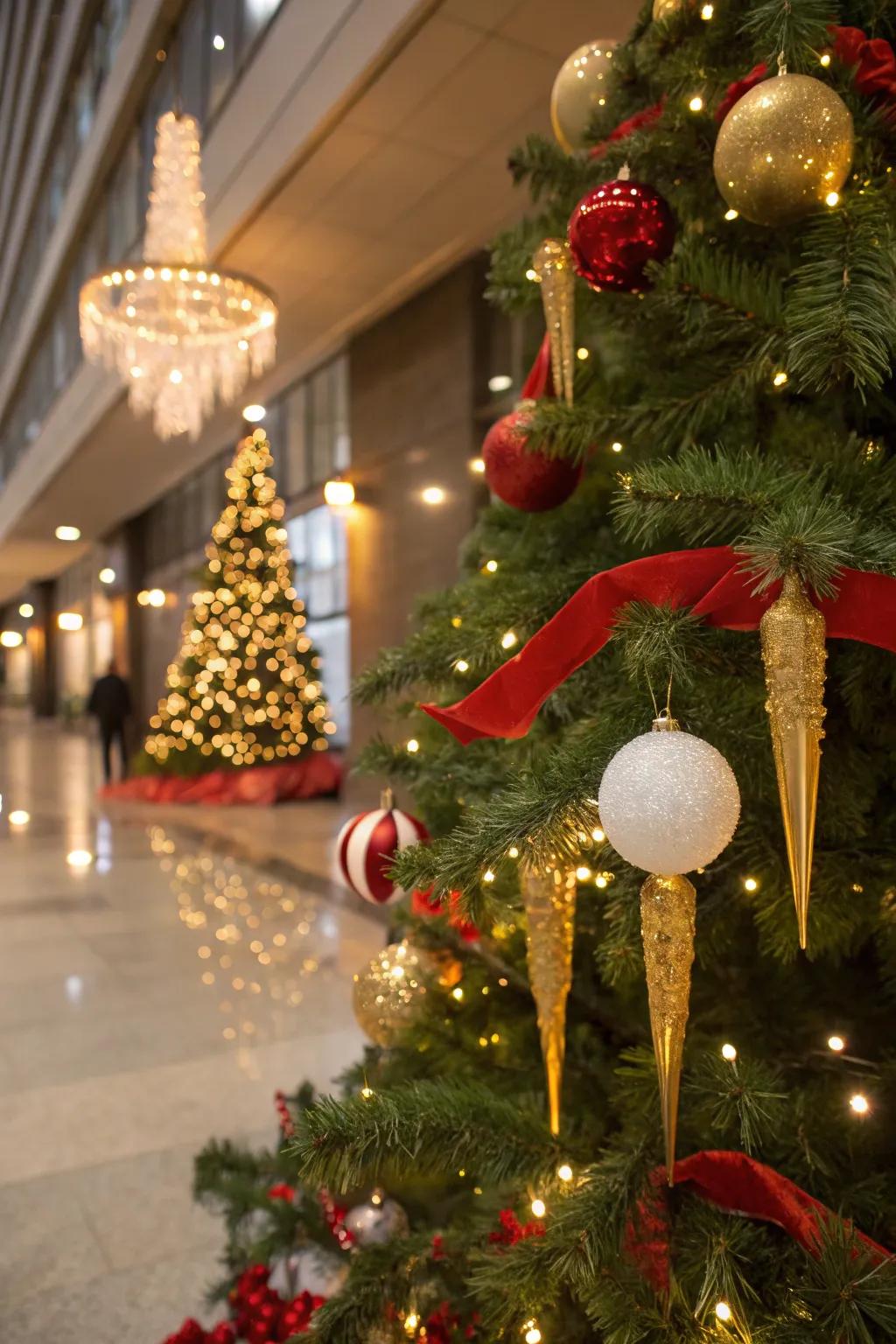 Gold icicles add a shimmering effect to the festive tree.