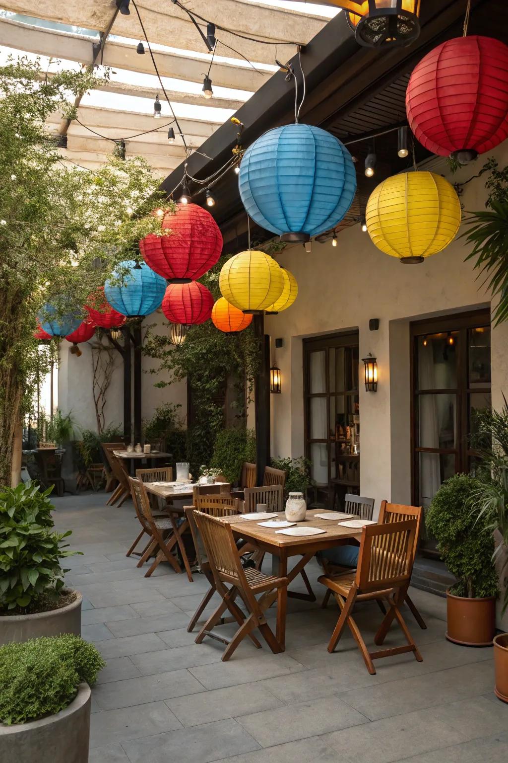 Paper lanterns add a festive and colorful touch to patios.