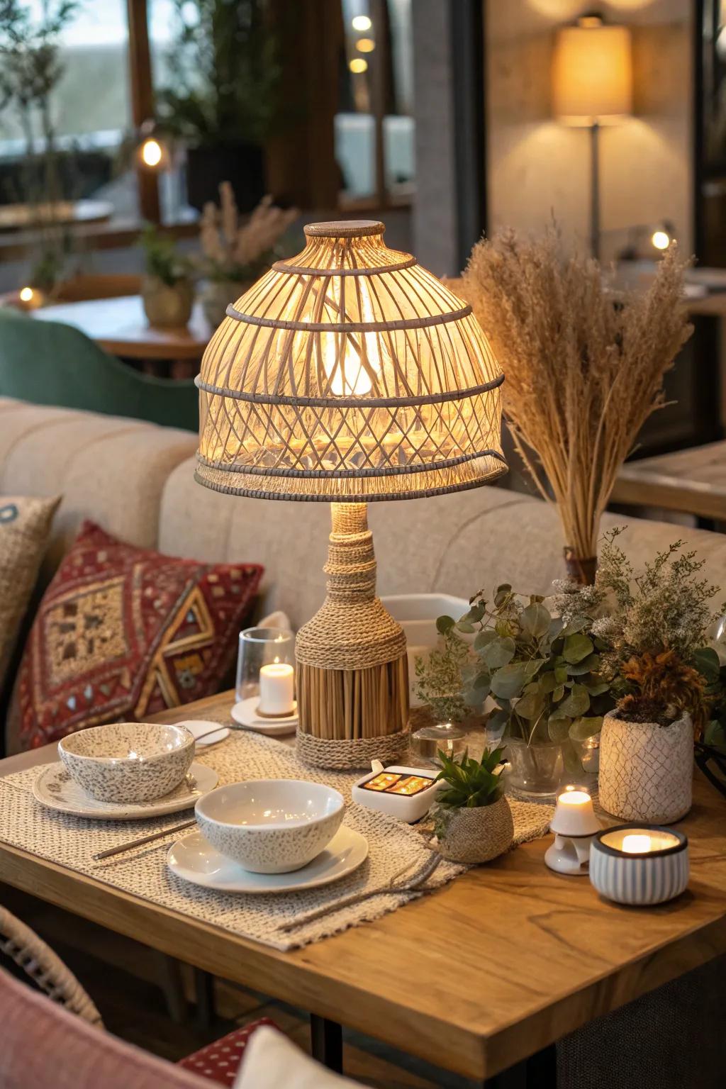 Woven table lamp on a restaurant table with bohemian decor elements.