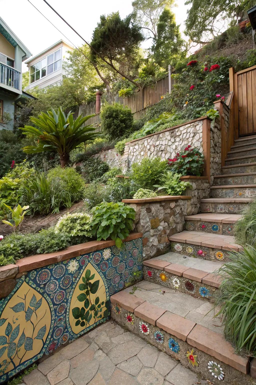 Mosaic walls transform retaining structures into vibrant artworks.