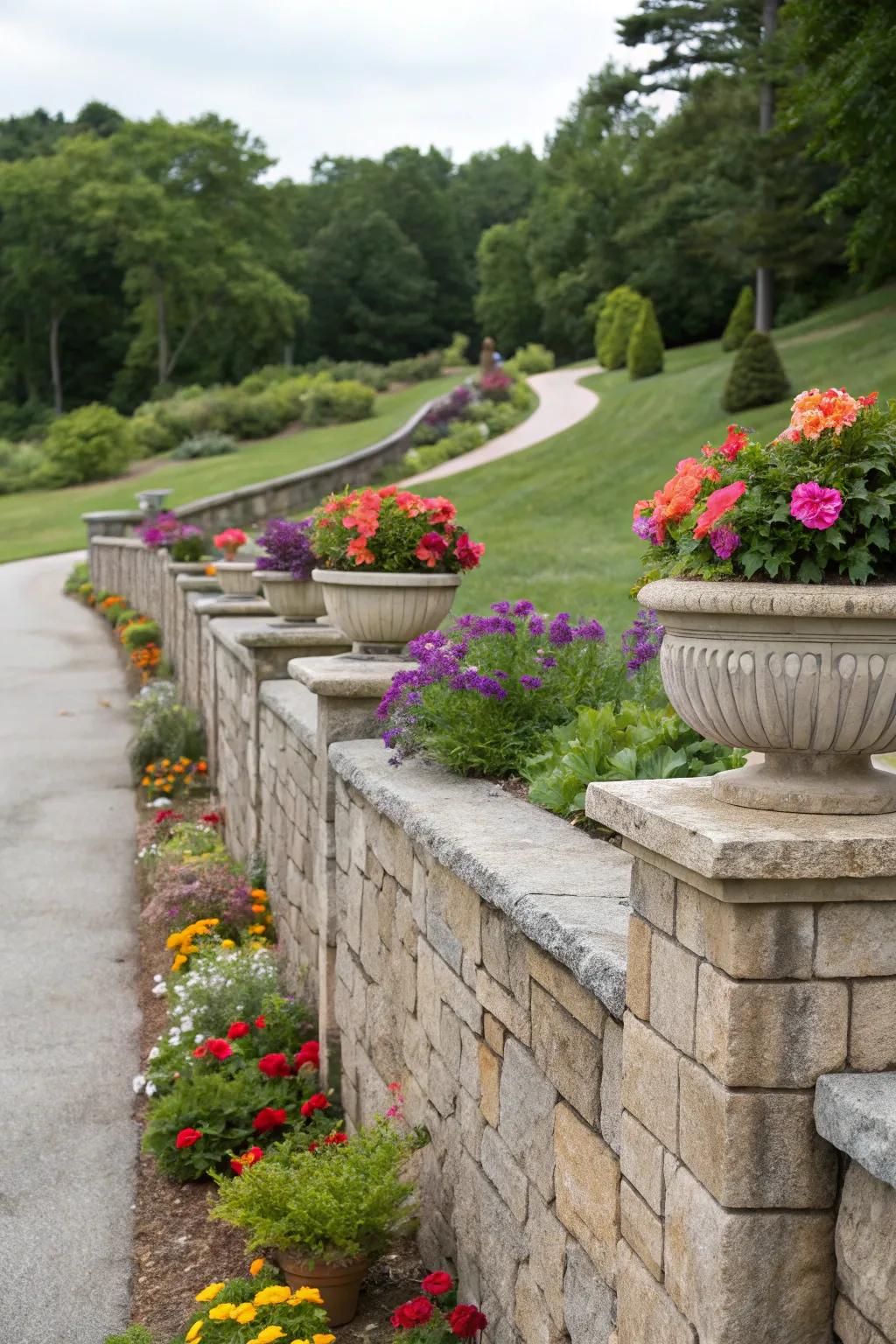 Integrated planters add a lush touch to retaining walls.