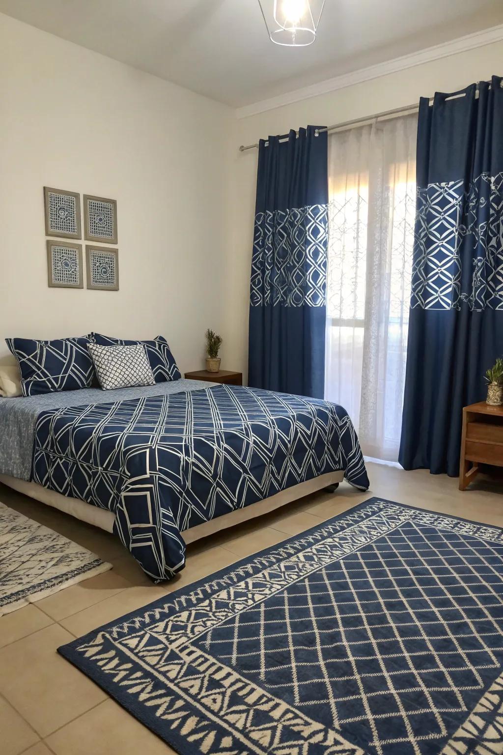 Geometric patterns add a modern flair to a cozy navy blue room.