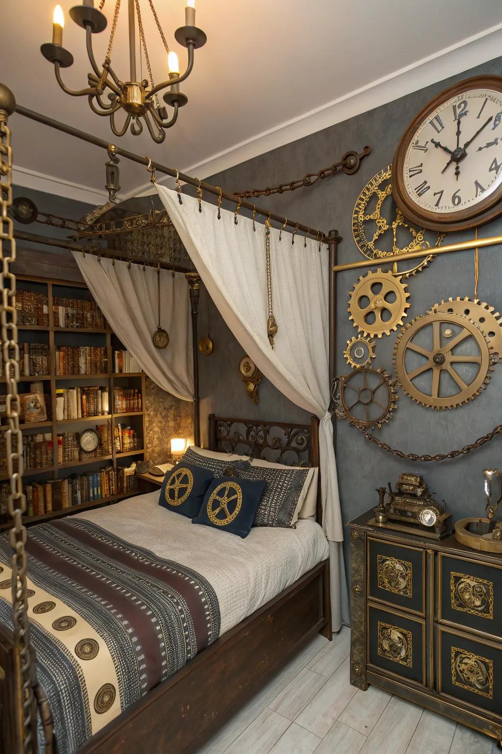 Steampunk elements add a playful twist to the Victorian Gothic bedroom.