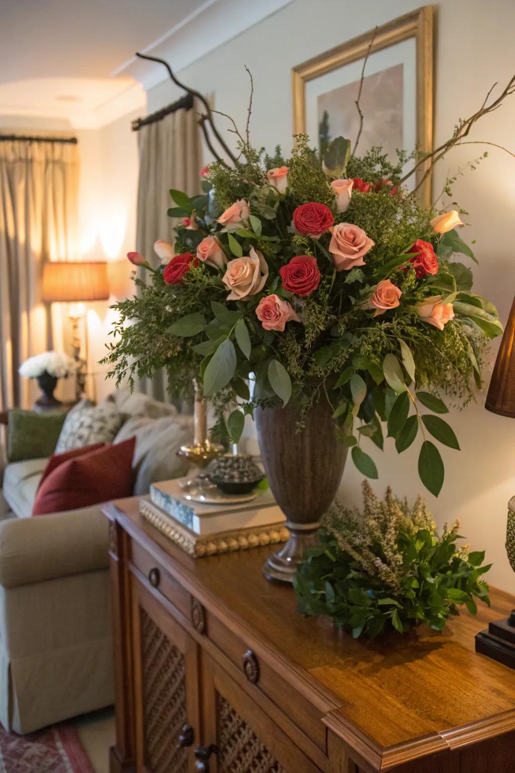 Lush and full with layered roses and greenery.