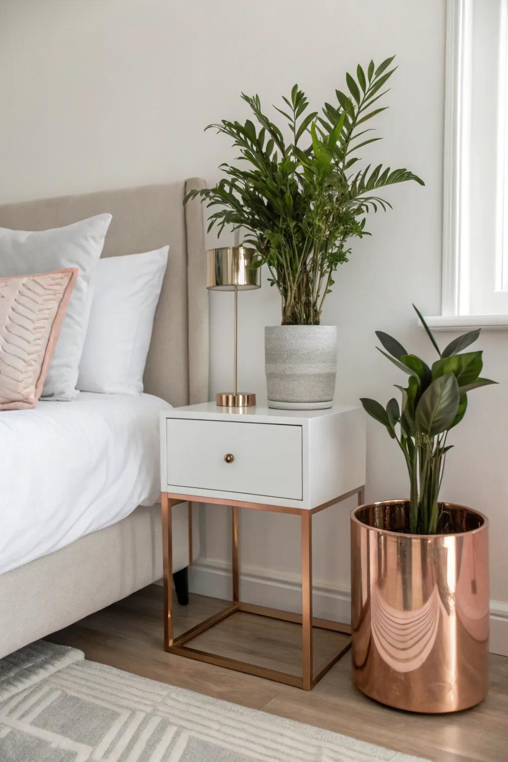 A minimalist touch with a rose gold planter.