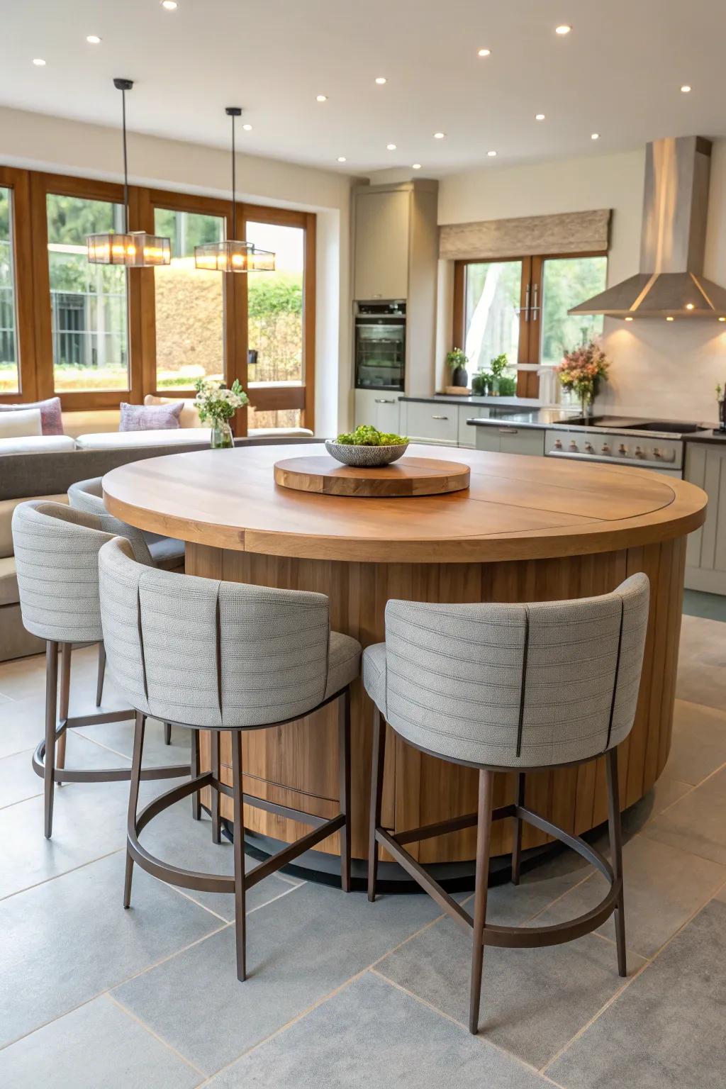 Curved seating enhances the elegance and flow of a round kitchen island.