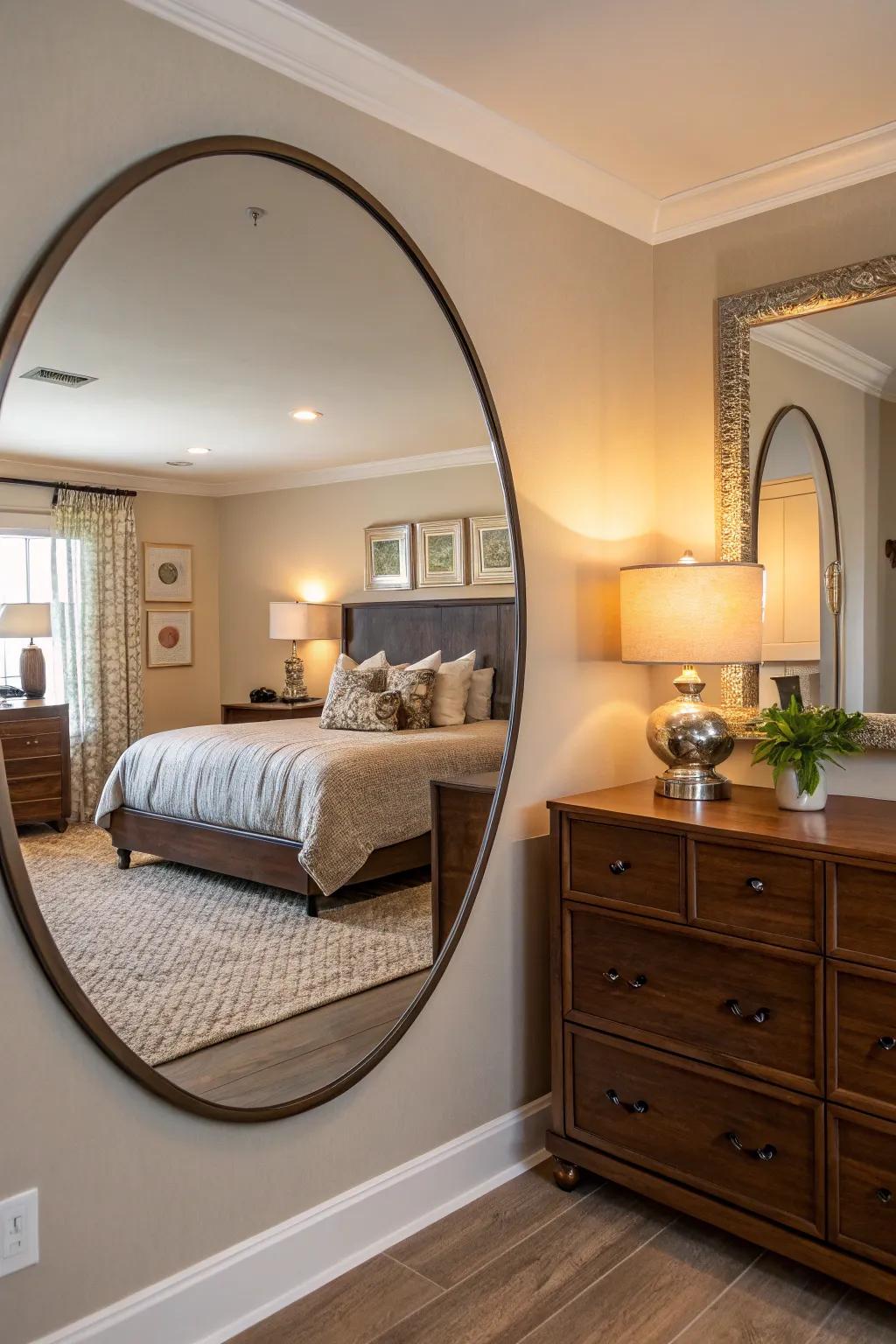 Bedroom featuring a large round mirror enhancing the space.