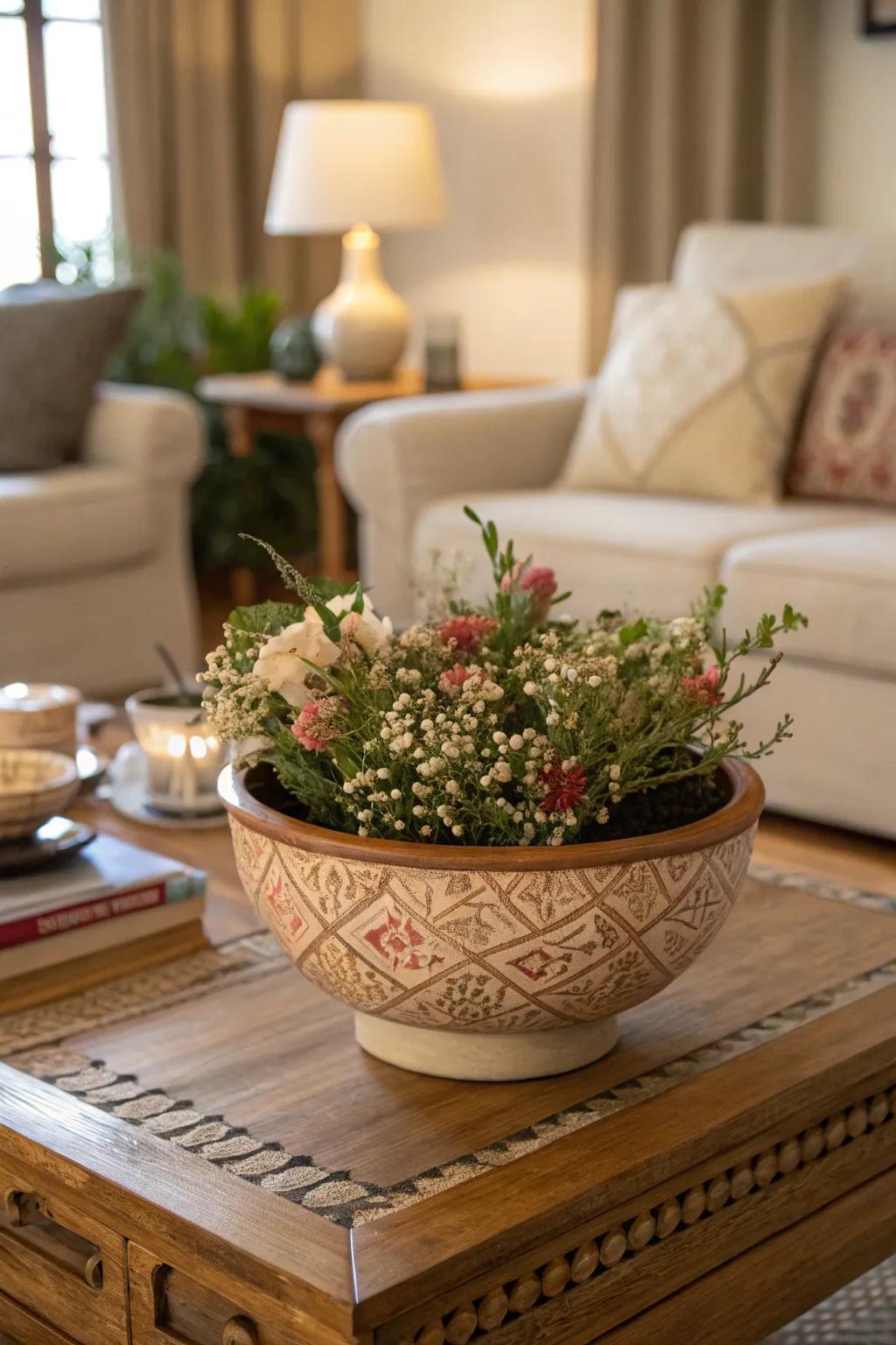 Handmade ceramic bowls add unique rustic flair to arrangements.