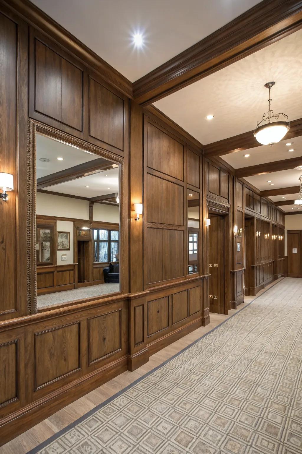 Mirrored panels in rustic wainscoting enhance elegance and space.