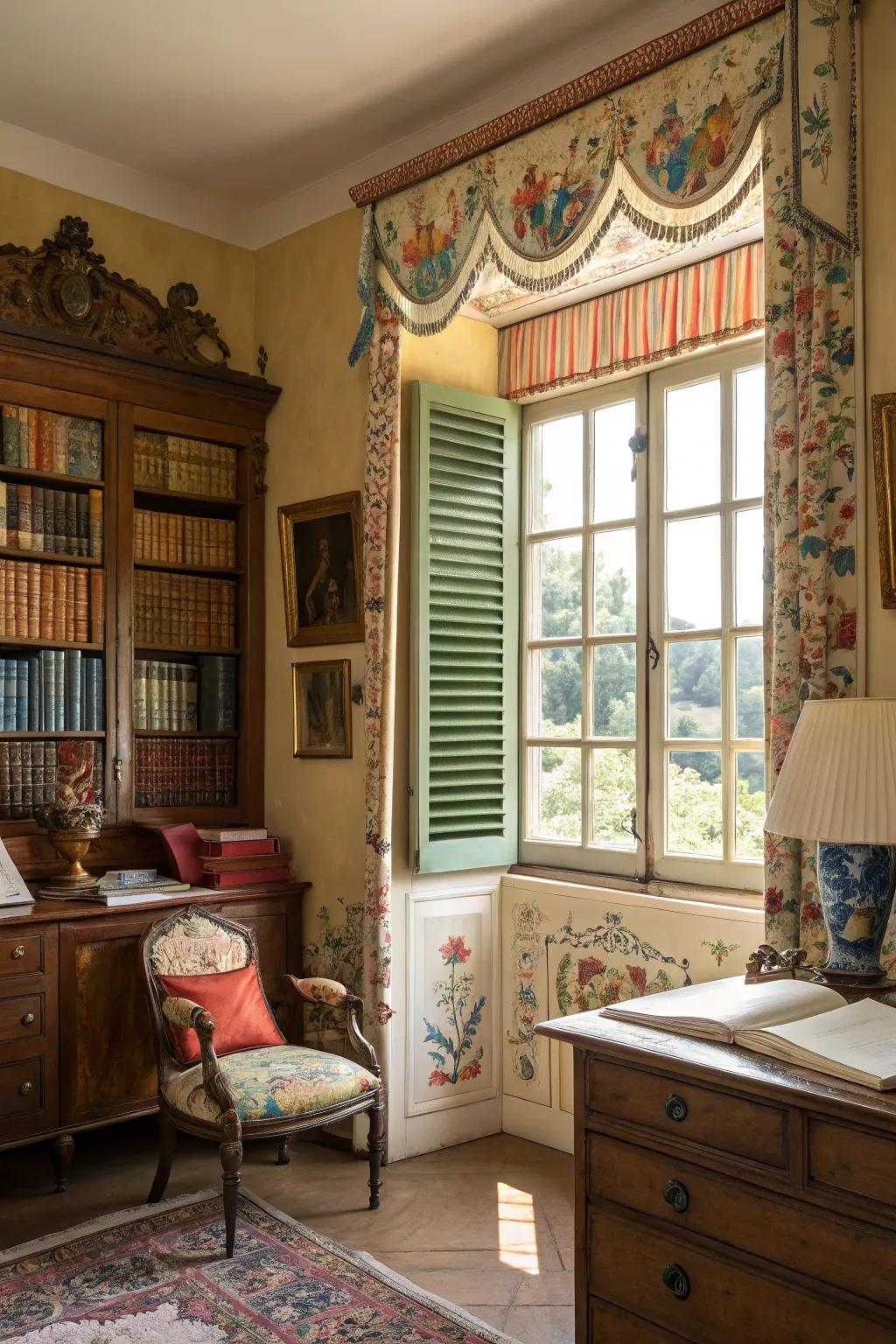 A vintage-style study with a painted shutter valance, providing a touch of color and charm.