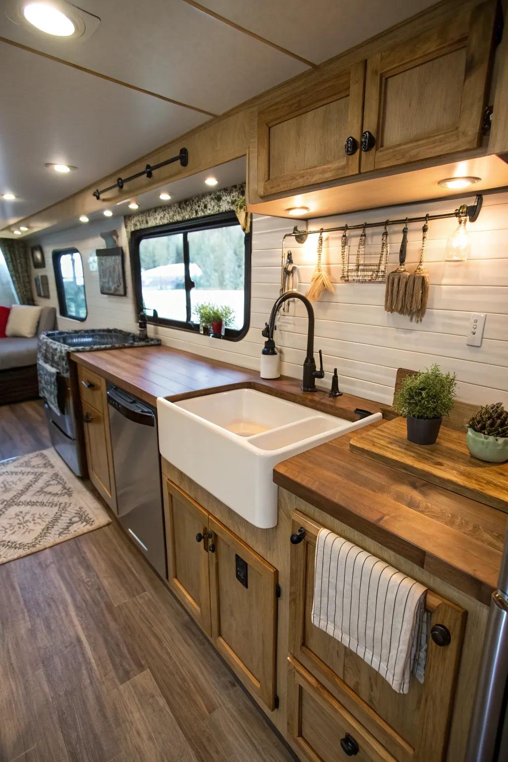 An apron sink bringing farmhouse charm to an RV kitchen.