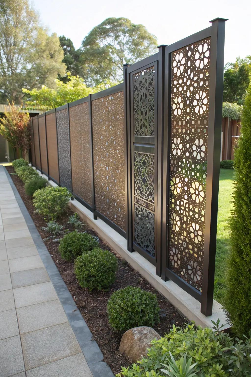 Intricate laser-cut screens add artistry and elegance to this contemporary garden space.