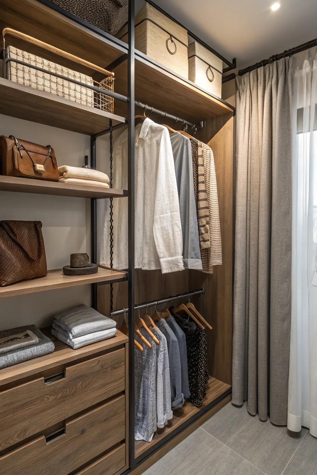 A closet with a mix of textures for a warm, inviting feel.