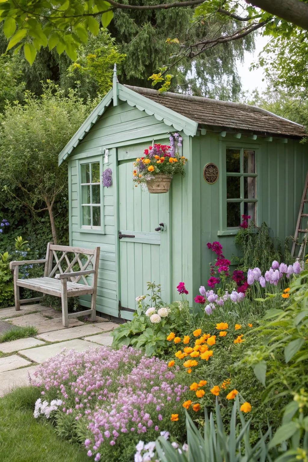 Mint green sheds offer a refreshing and invigorating garden escape.