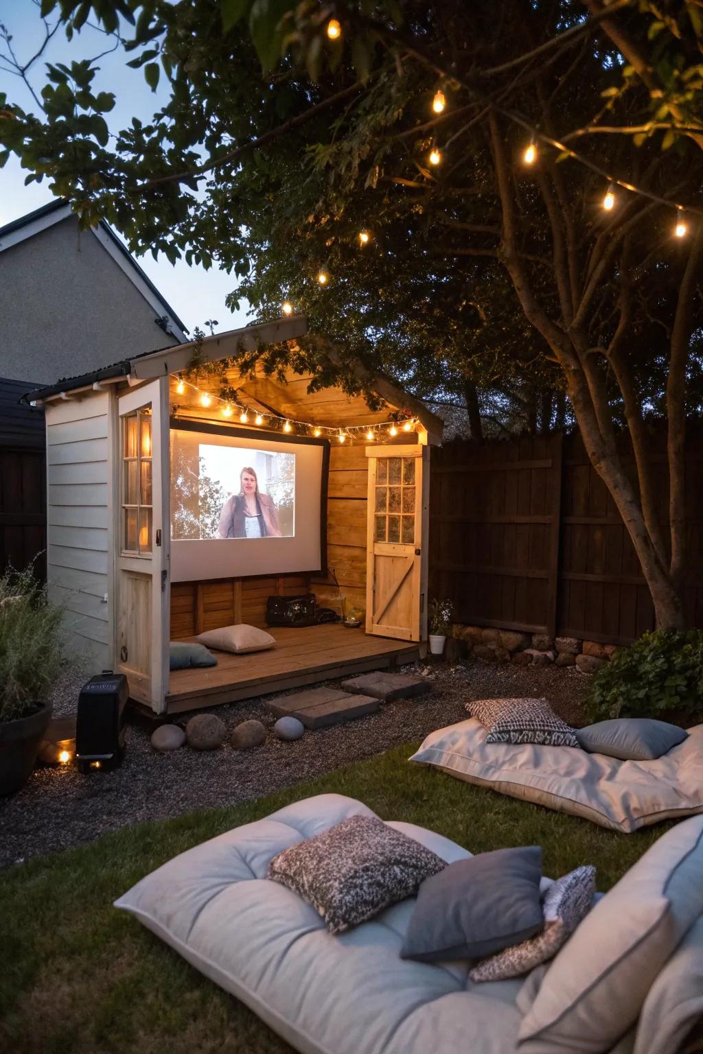 A garden shed transformed into an outdoor cinema for magical movie nights.