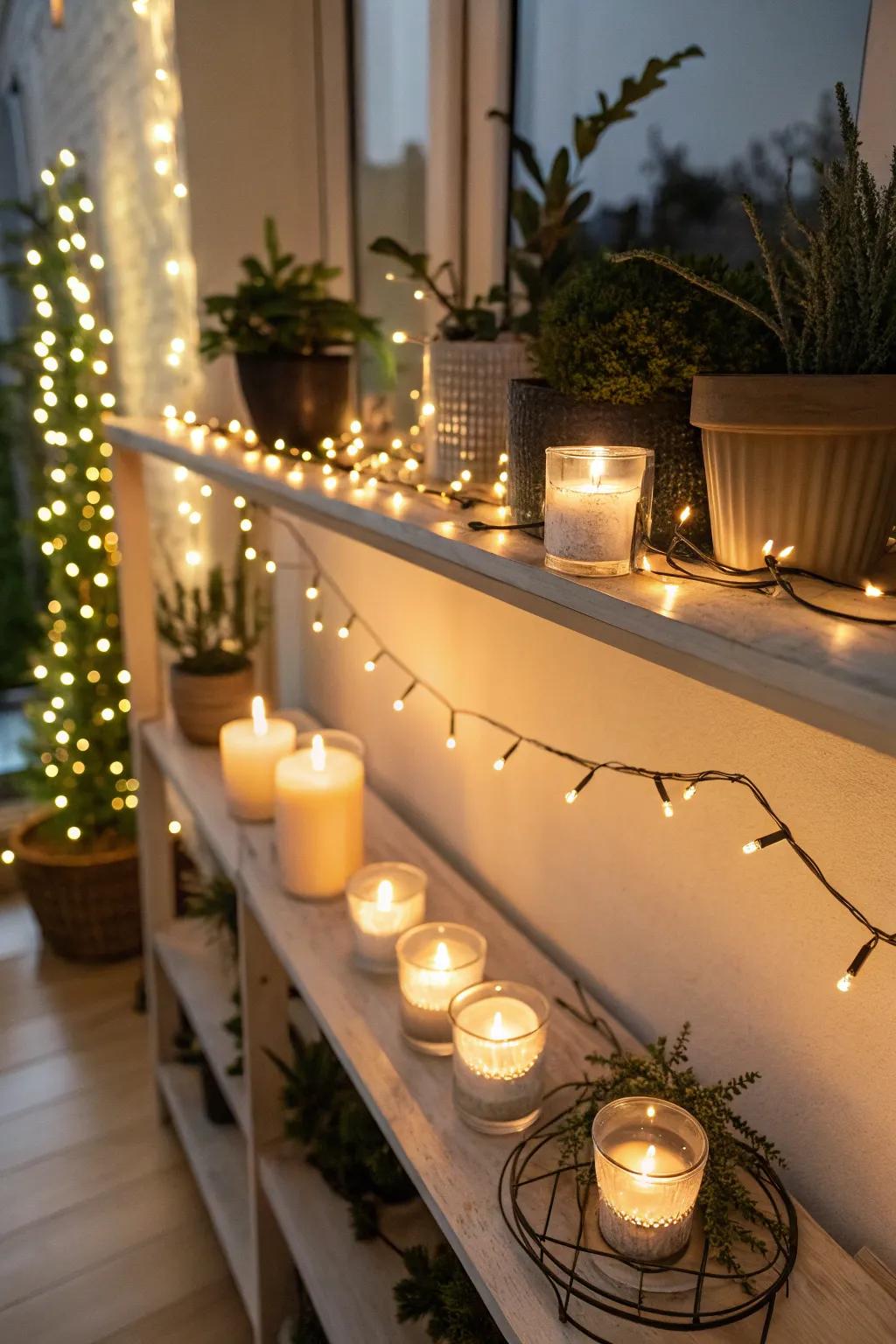 LED lights and candles add warmth and ambiance to the shelf.