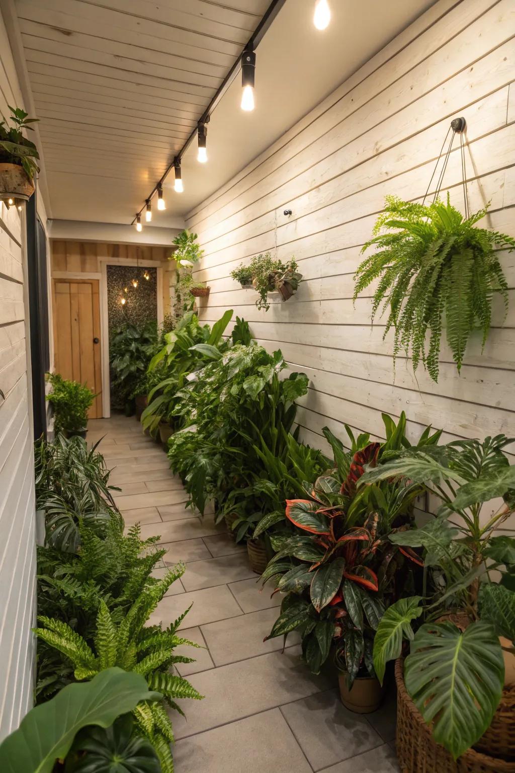 A basement with shiplap walls adorned with lush indoor plants.