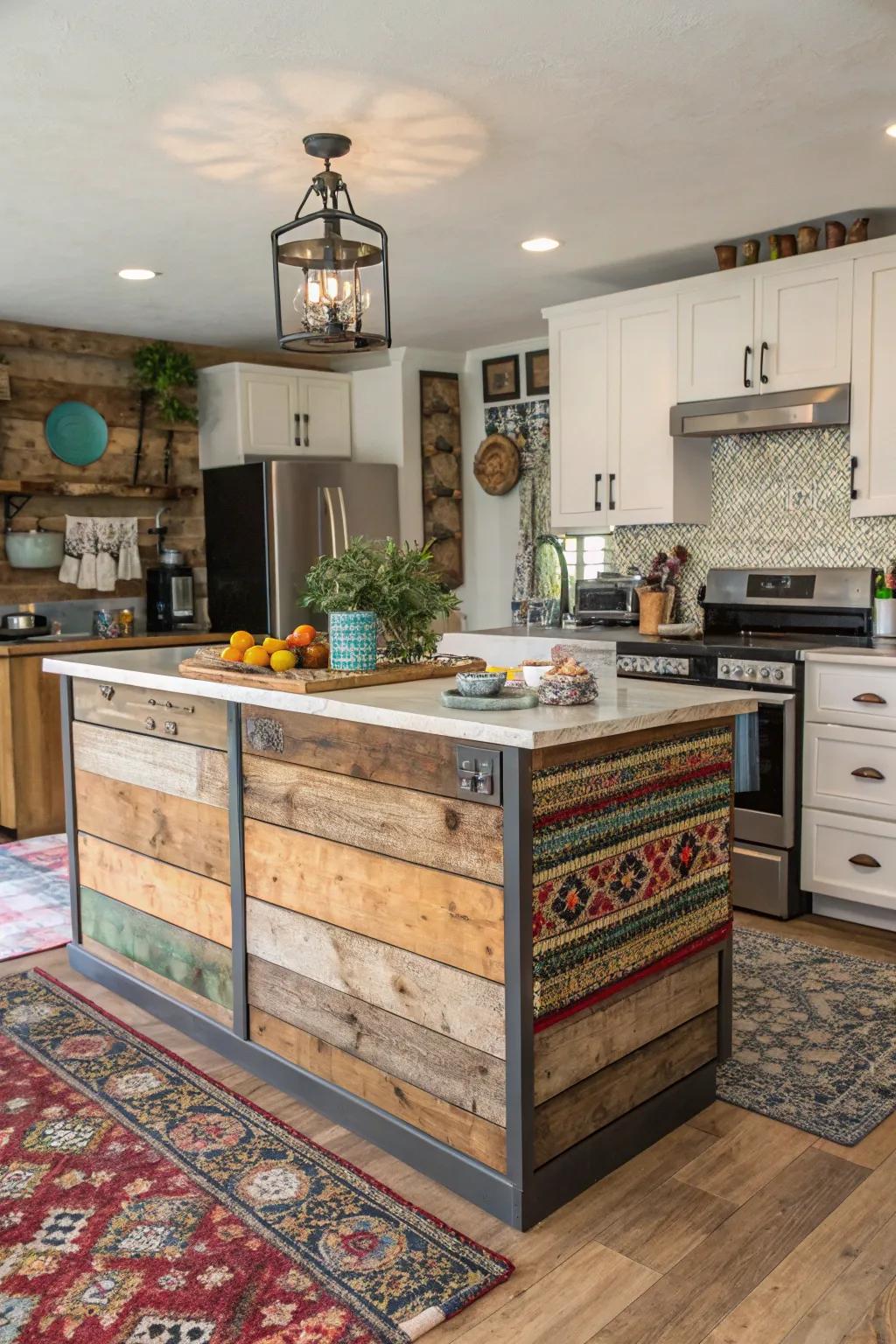 Eclectic kitchen with a shiplap island blending modern and rustic styles.