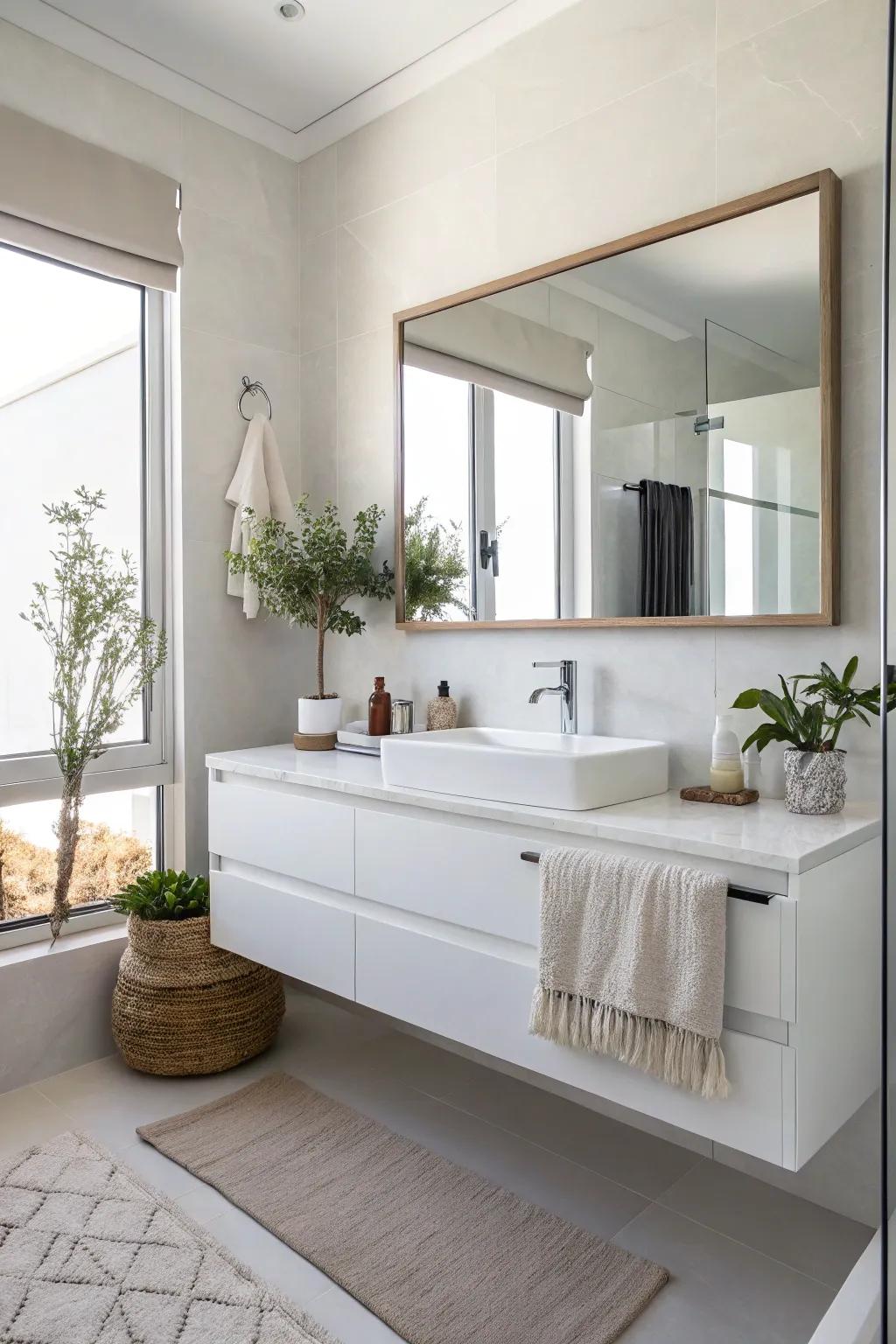 A floating vanity adds a modern touch to this bathroom.