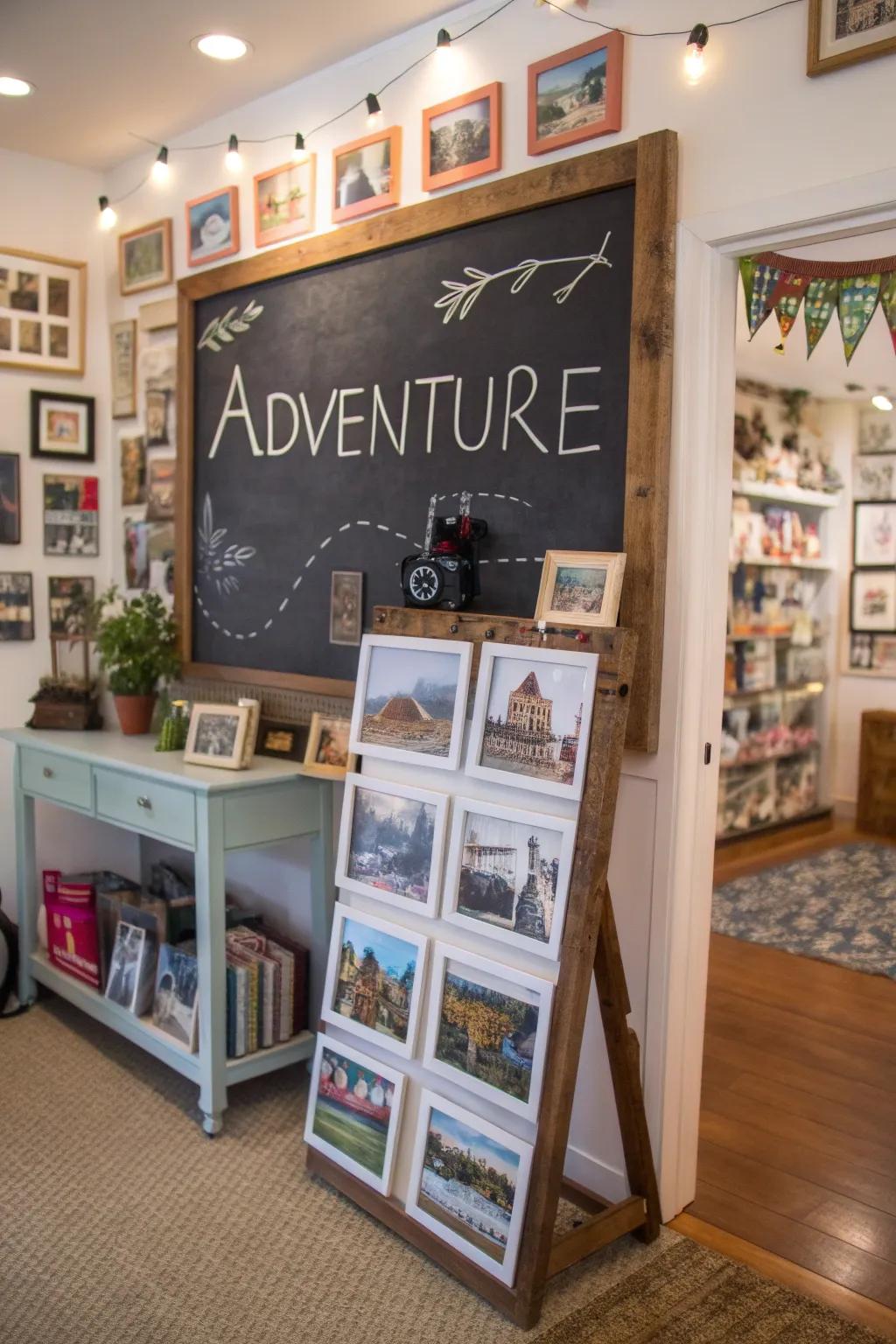 Travel-themed room chalkboard with an adventure-themed quote.