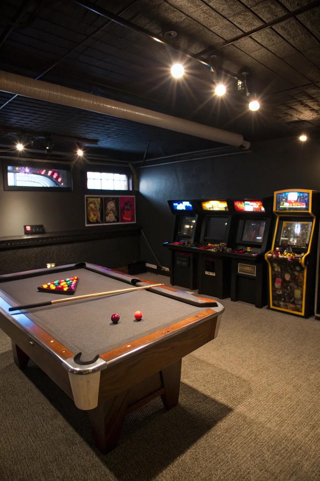 A game room brings fun and excitement to your basement.