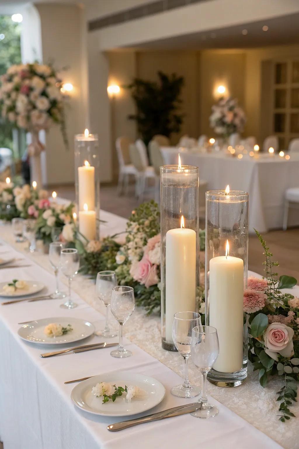 Sophisticated tablescapes with floating candles.