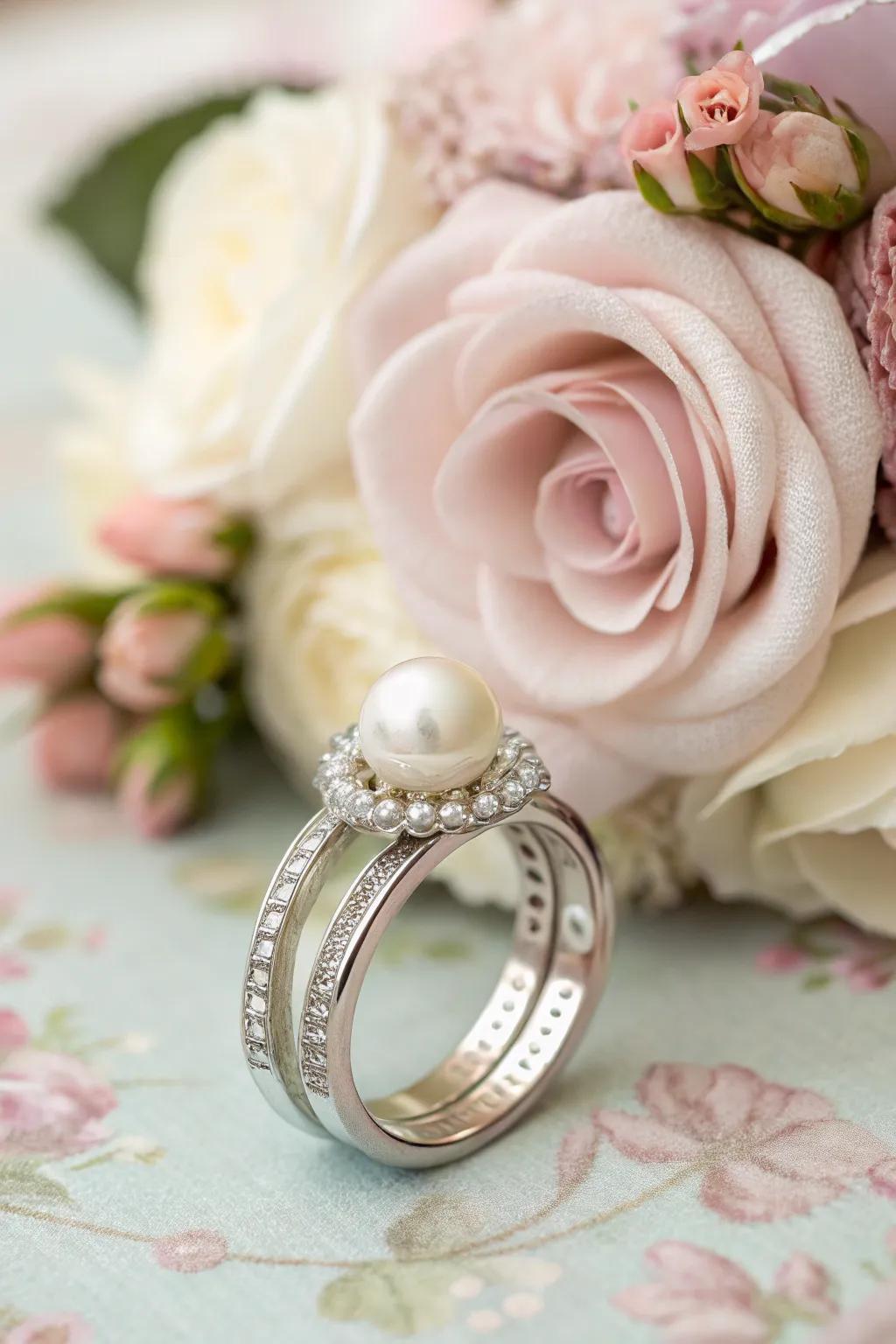 A wedding band adorned with a pearl accent for timeless beauty.