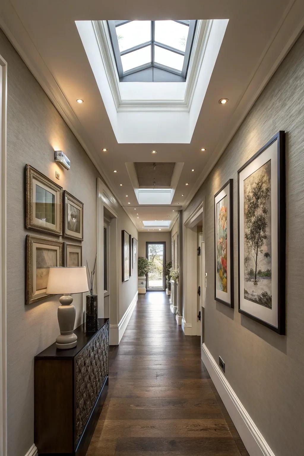 A dramatic hallway illuminated by a series of skylights.