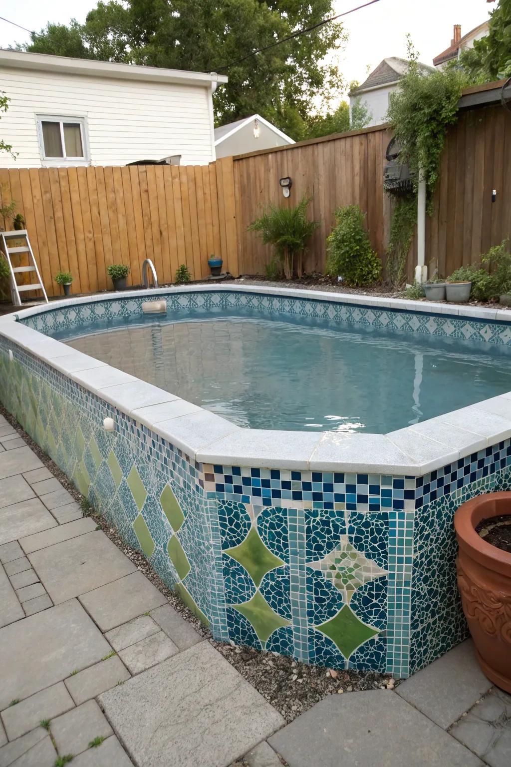 Vibrant mosaic tiles adding color and flair to an above-ground pool's exterior.