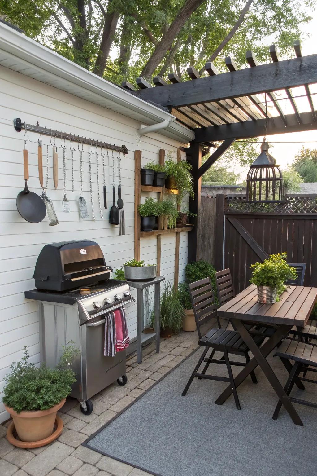 Efficient overhead storage keeping a small patio organized.