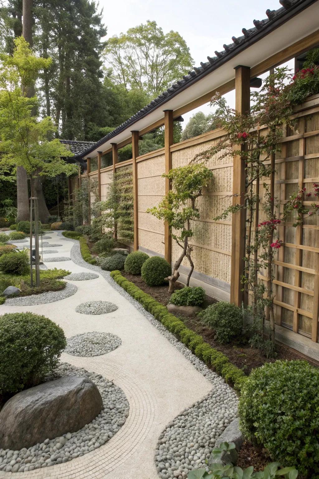 A zen garden with trellises and climbing plants, adding height and vertical interest.