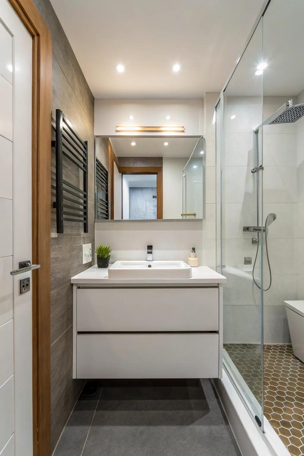 Floating vanities keep bathrooms feeling open and airy.