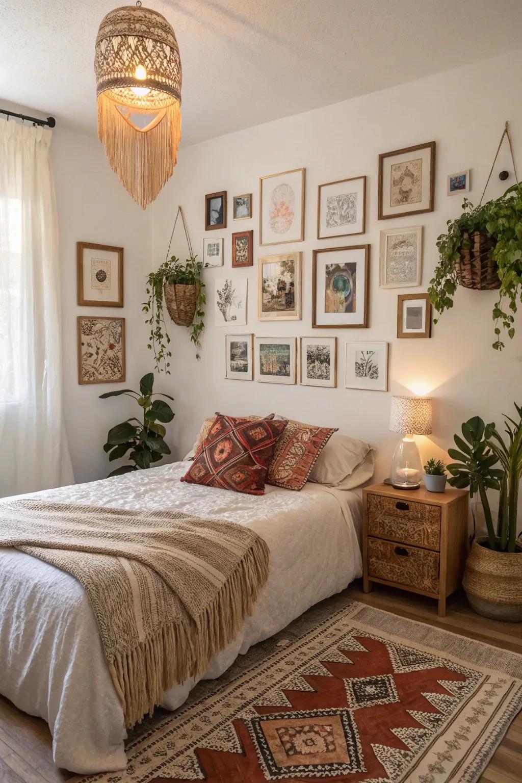 A gallery wall adds a personal and eclectic touch to this boho bedroom