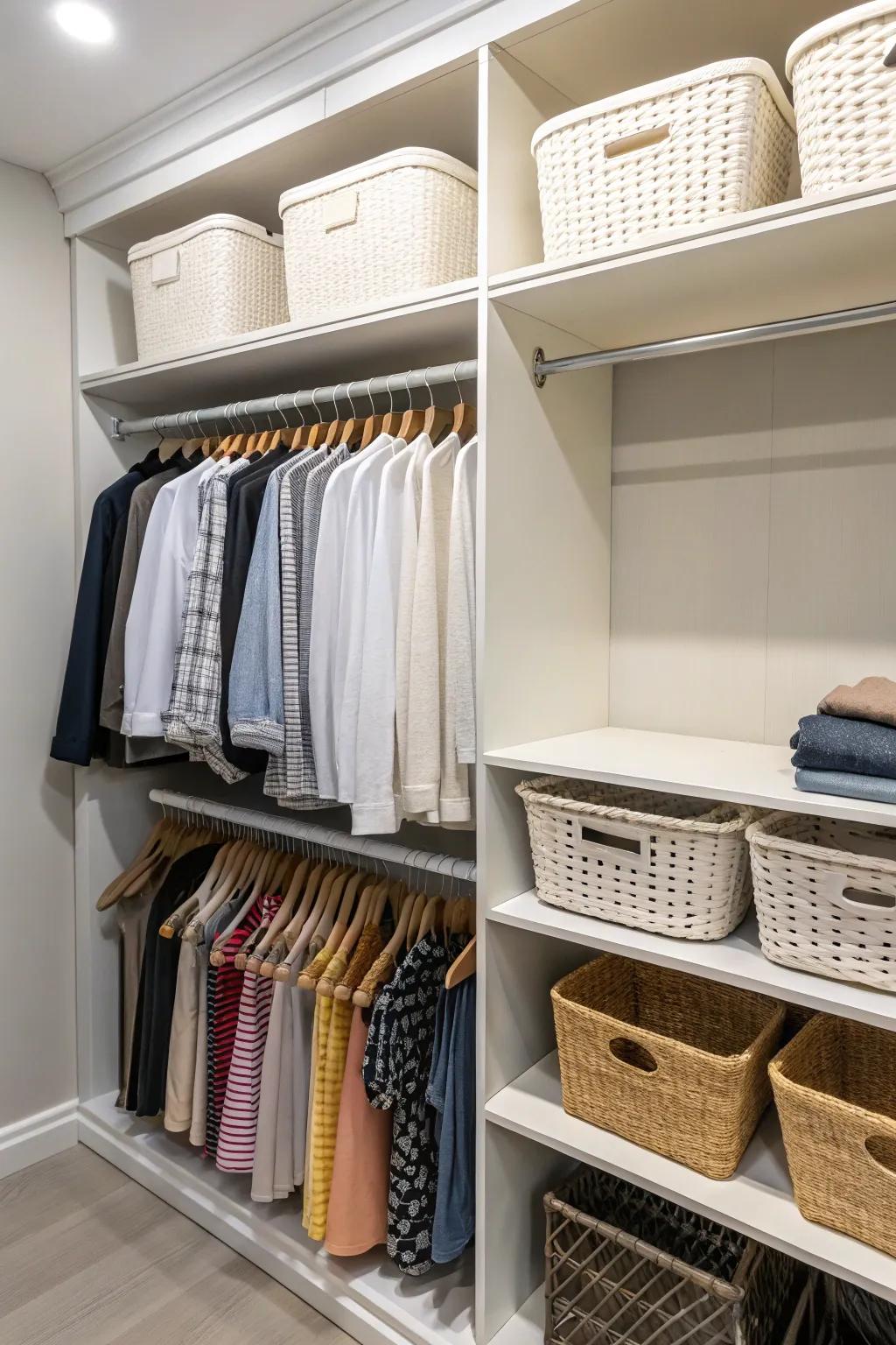 Under-shelf baskets add hidden storage.