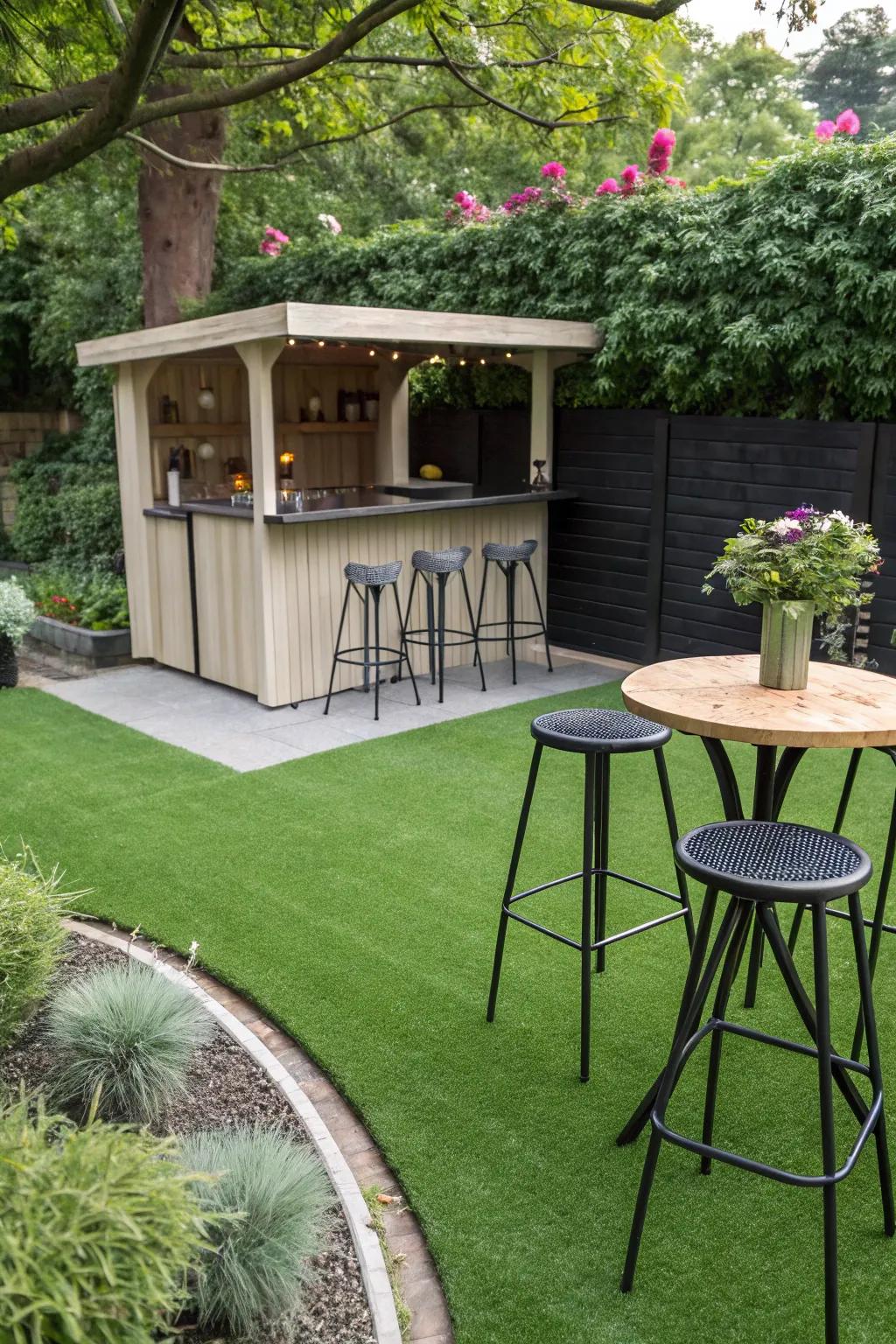 A lively garden bar area with artificial grass.