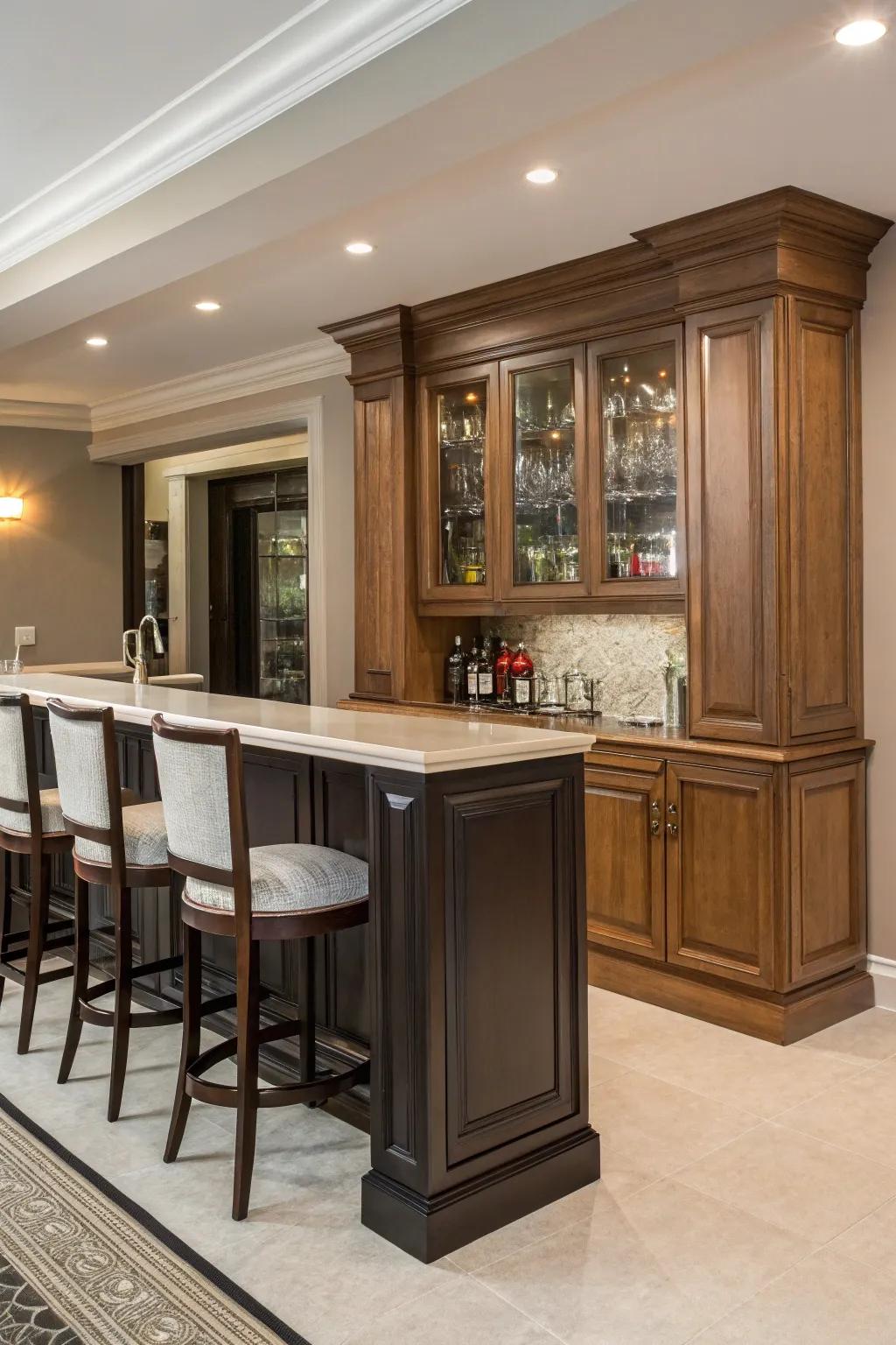 Two-tone cabinetry adds depth and style to your home bar.