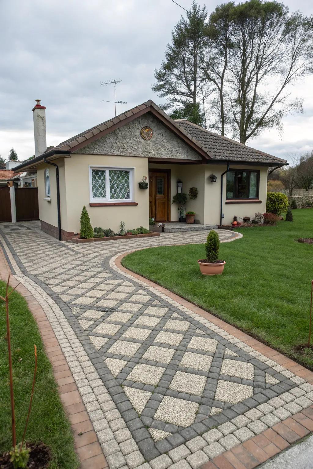 An artistic driveway turns a functional area into a statement piece.