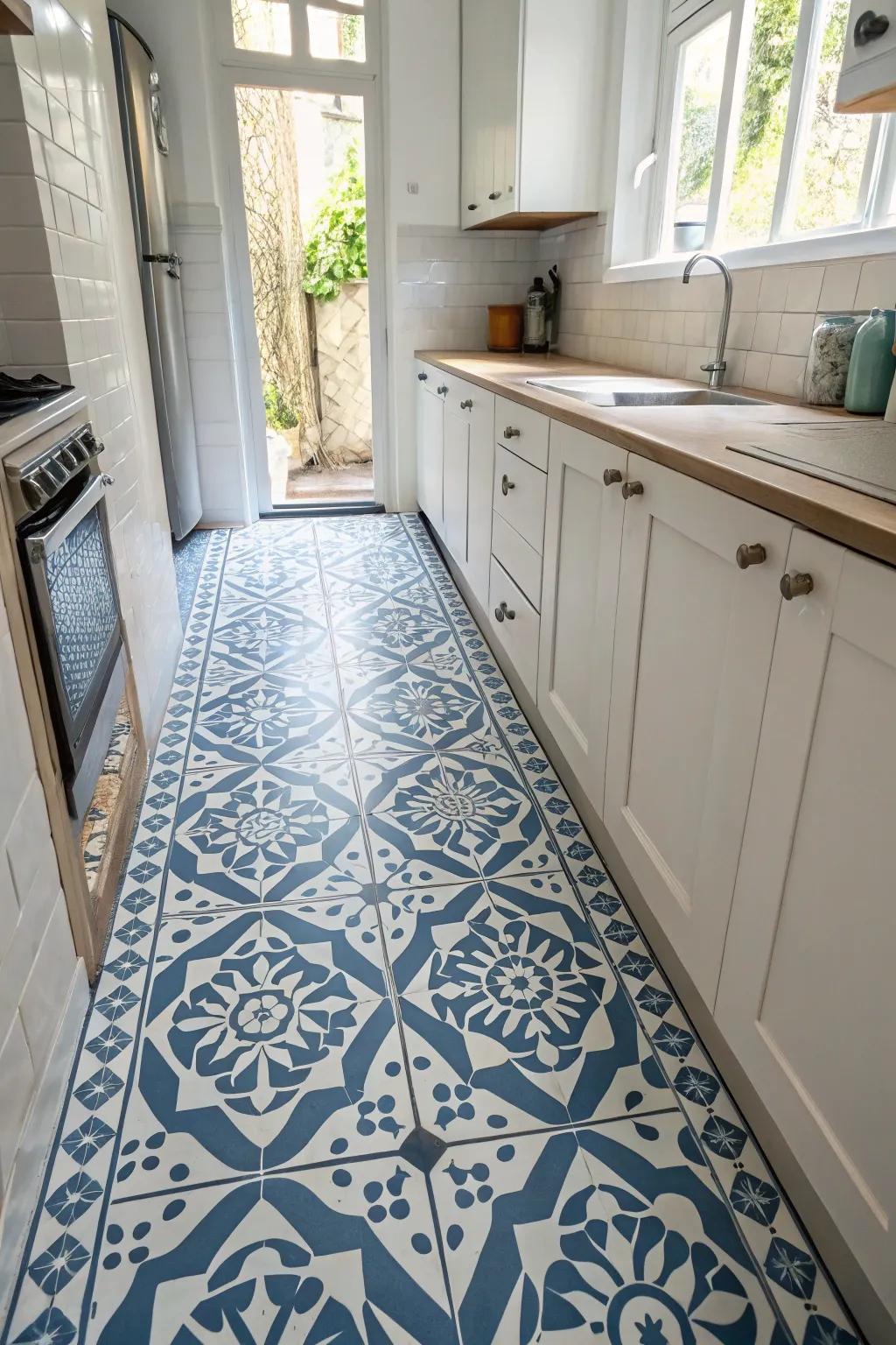 Patterned floors add a unique touch to this narrow kitchen.