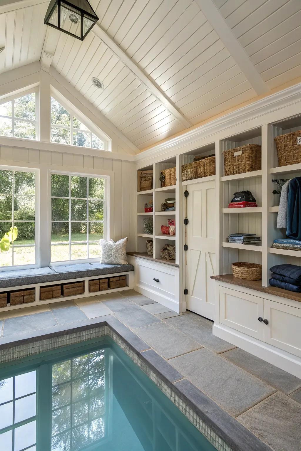 Hidden storage keeps the pool house organized.