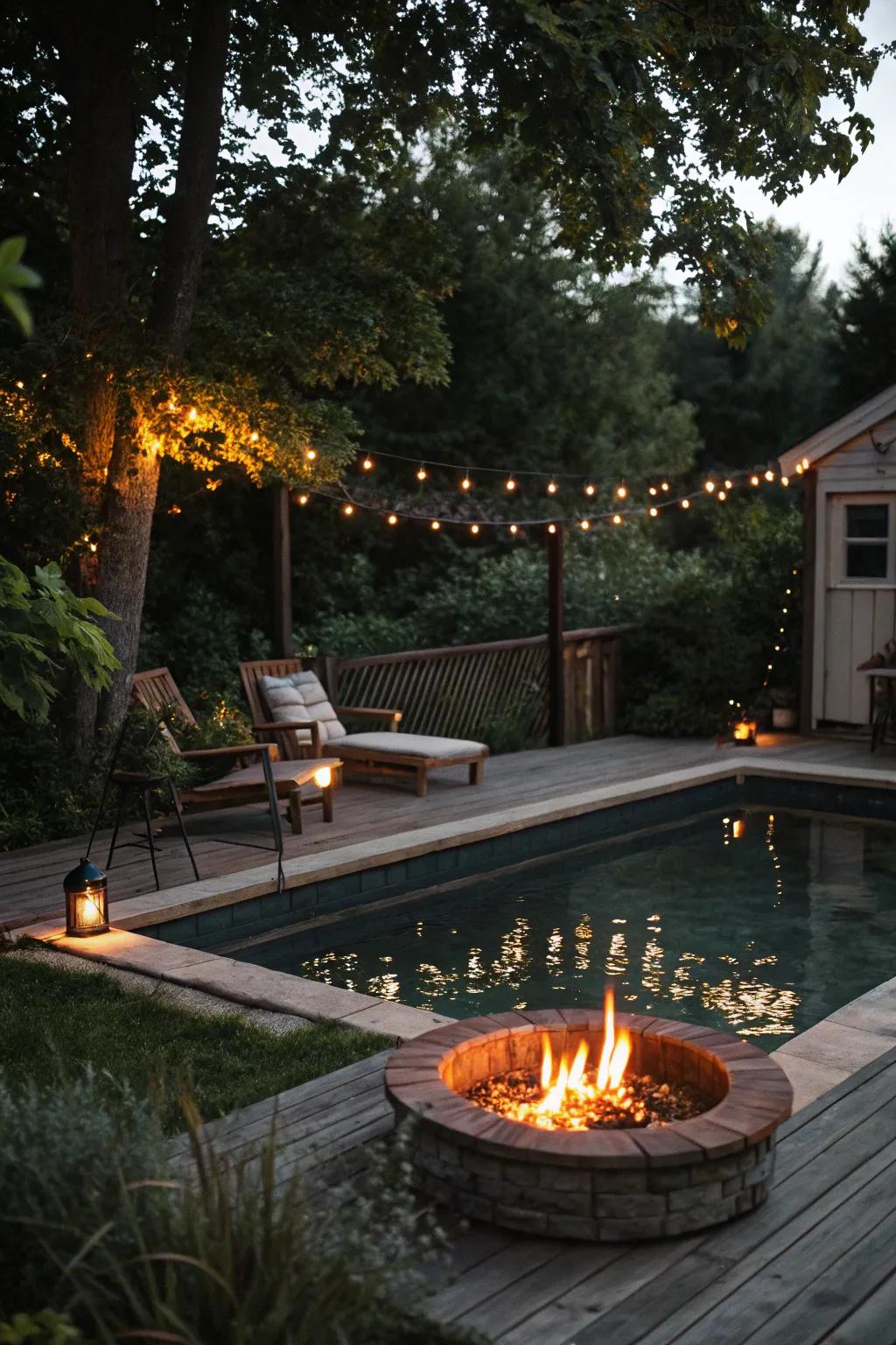 Fire elements add warmth and drama, creating a captivating poolside atmosphere.