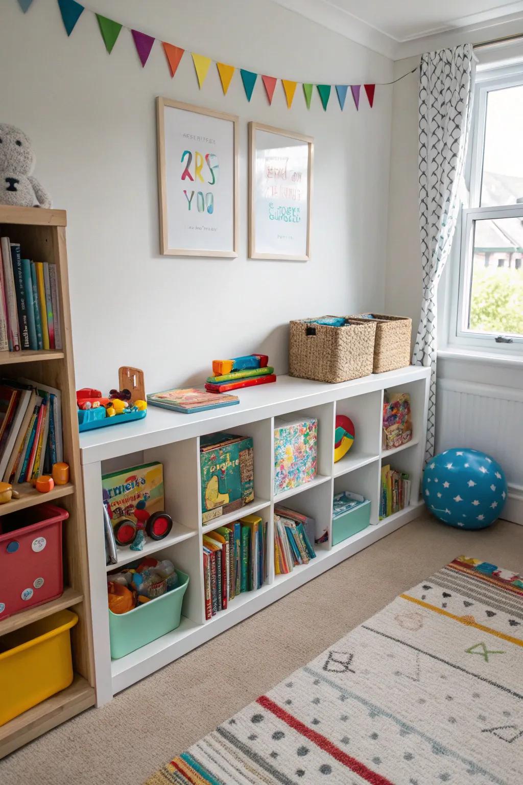 A low bookshelf for accessible toy storage.