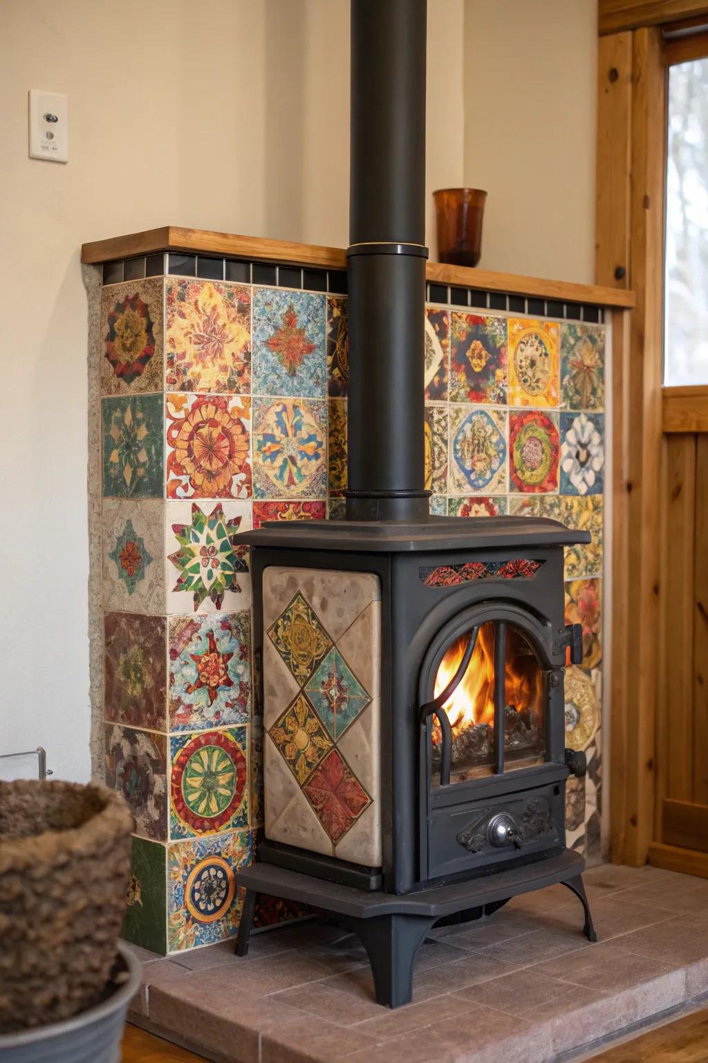 Artistic tiles add a splash of color and texture around a wood stove.