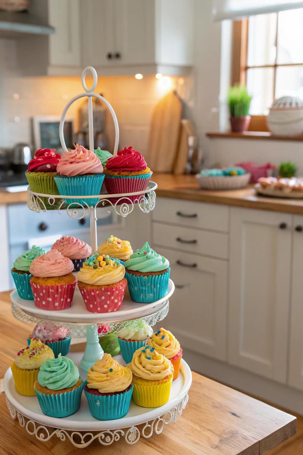 A charming cupcake stand full of delightful treats.